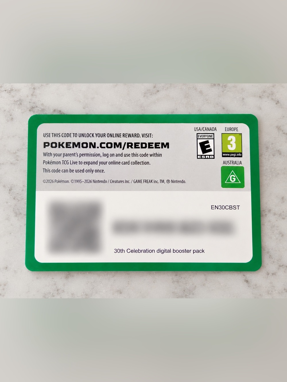 Pokémon TCG 30th Celebration Digital Booster Pack Code Cards – Lot of 16